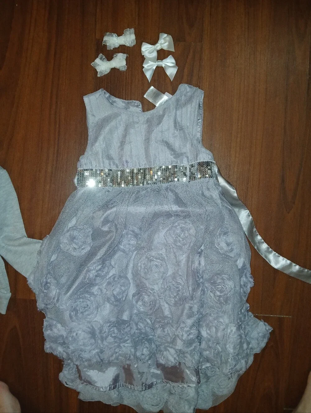Little Lass Silver Floral Rosette Tulle Dress with Sequined Waist